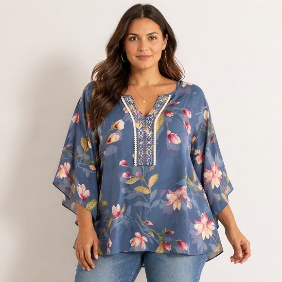 Belle by Kim Gravel Tops - Belle Kim Gravel blue floral embroidered lined blouse 3X flowy business